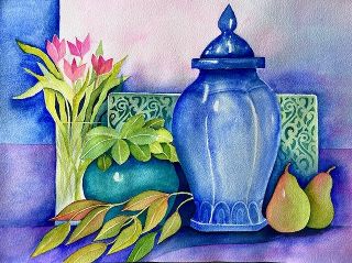 Blue Vase and Pears